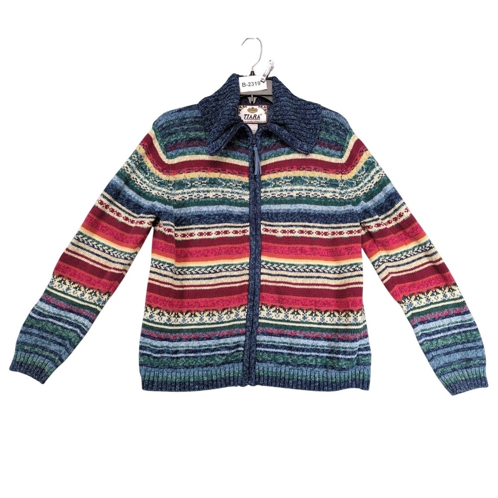 Vintage Y2K Tiara International Fair Isle Blue Full Zip Sweater Womens M Nordic